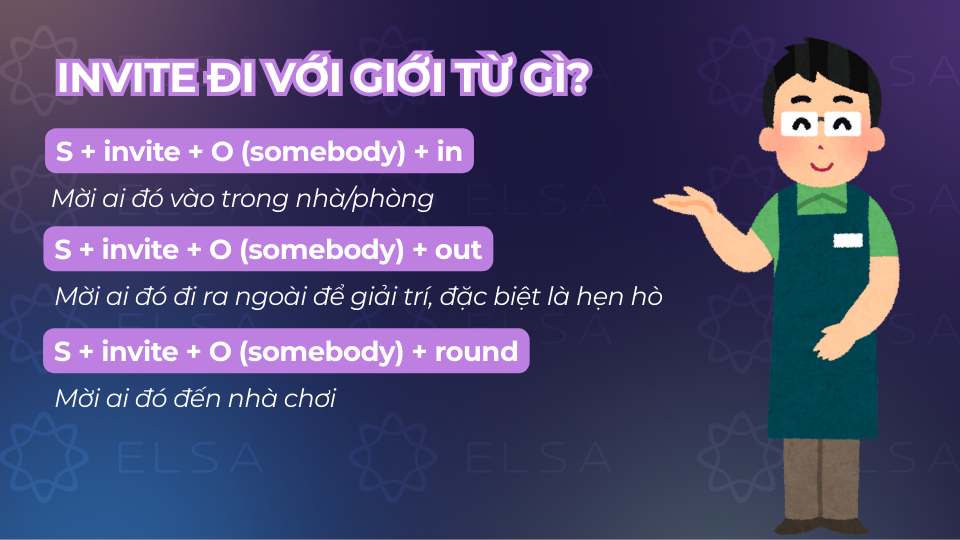 Cấu trúc invite đi với giới từ in, out, round Cấu trúc invite đi với giới từ in, out, round