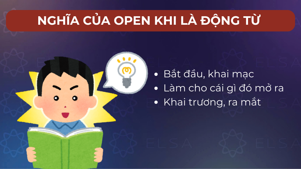 Các nghĩa khi open là động từ