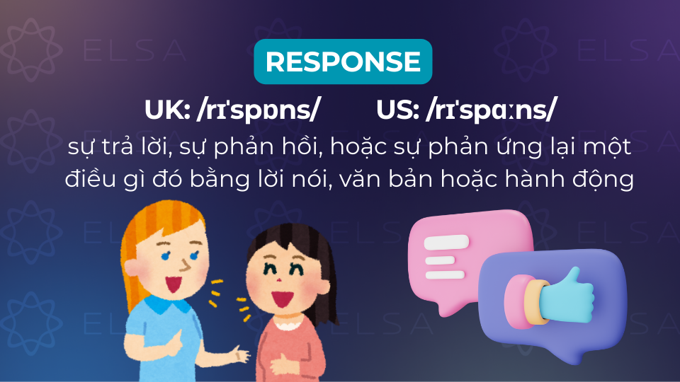 Response nghĩa là sự trả lời, sự phản hồi hoặc sự phản ứng lại một điều gì đó Response nghĩa là sự trả lời, sự phản hồi hoặc sự phản ứng lại một điều gì đó