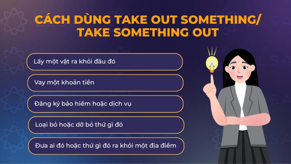 Cách dùng cấu trúc Take out something/ Take something out Cách dùng cấu trúc Take out something/ Take something out