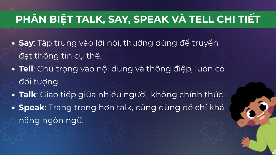 Sự khác biệt giữa say, tell, talk và speak