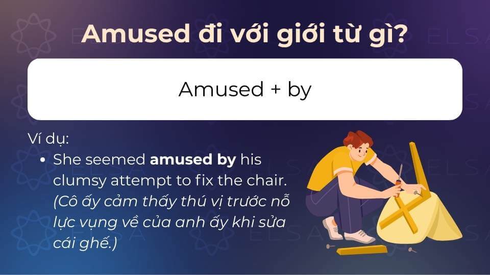 Amused + by mang ý nghĩa trạng thái thấy hứng thú hoặc vui vẻ khi tiếp xúc với một người..... Amused + by nhấn mạnh vào nguyên nhân của cảm xúc