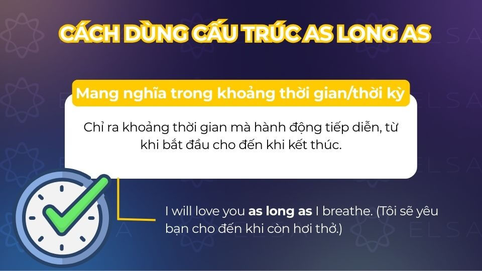 Cấu trúc as long as cũng có thể dùng để diễn tả độ lâu hoặc thời gian kéo dài của một hành động