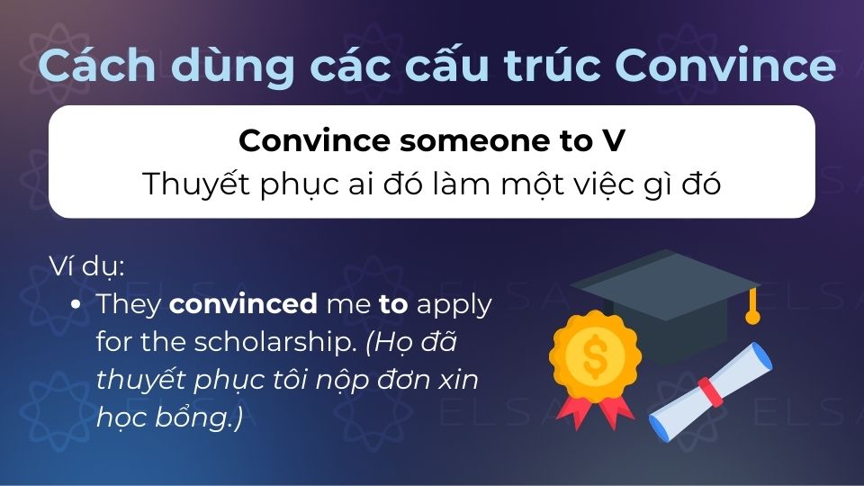 Cấu trúc convince someone to + V được dùng để thuyết phục ai đó làm một việc gì đó Cấu trúc convince someone to + V được dùng để thuyết phục ai đó làm một việc gì đó