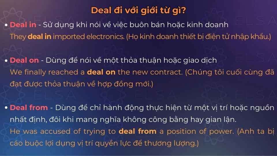Cách dùng và ví dụ khi deal đi với giới từ in, on và from Cách dùng và ví dụ khi deal đi với giới từ in, on và from
