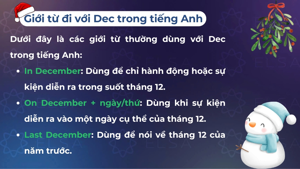 Dec thường đi với các giới từ in, on và last