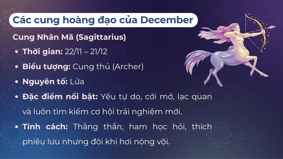 Cung Nhân Mã (22/11 - 21/12) thuộc nhóm cung hoàng đạo của tháng 12