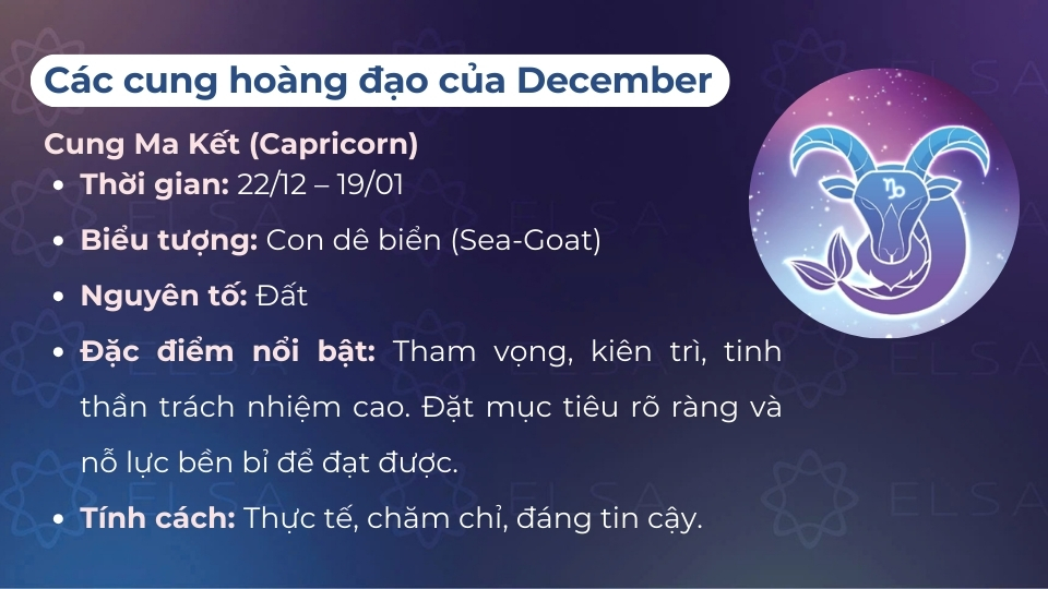 Cung Ma Kết (22/12 - 19/01) thuộc nhóm cung hoàng đạo của tháng 12