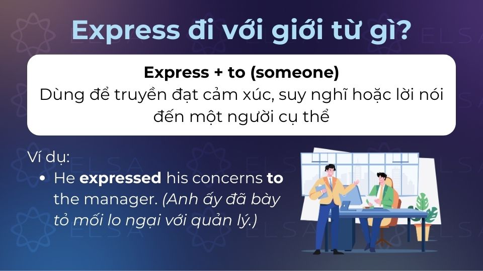 Express to dùng để truyền đạt cảm xúc, suy nghĩ hoặc lời nói đến một người cụ thể Express to dùng để truyền đạt cảm xúc, suy nghĩ hoặc lời nói đến một người cụ thể