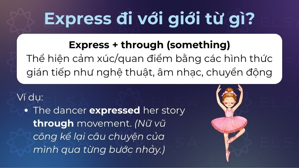 Express đi với through thể hiện cảm xúc/quan điểm bằng các hình thức gián tiếp Express đi với through thể hiện cảm xúc/quan điểm bằng các hình thức gián tiếp