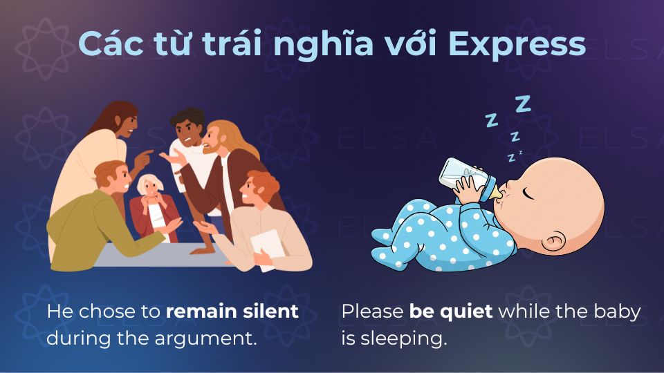 Trái nghĩa với từ express là những từ chỉ sự im lặng, không thể hiện Trái nghĩa với từ express là những từ chỉ sự im lặng, không thể hiện