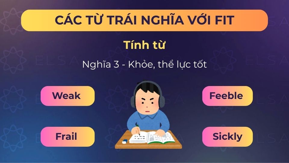 Một số từ trái nghĩa với fit (tính từ) nghĩa là khỏe