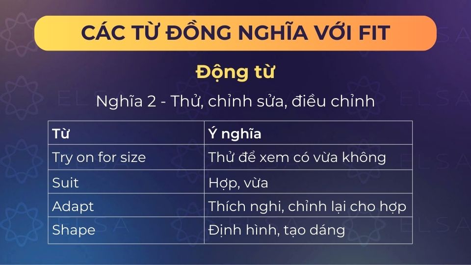 Một số từ đồng nghĩa với fit (động từ) - nghĩa 2