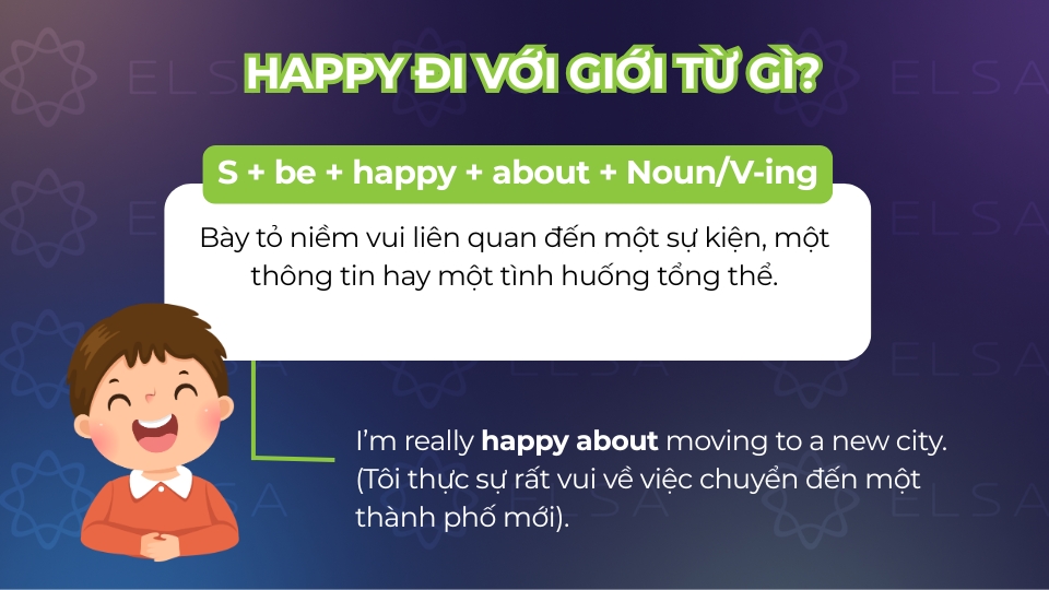 Cấu trúc happy đi với giới từ about