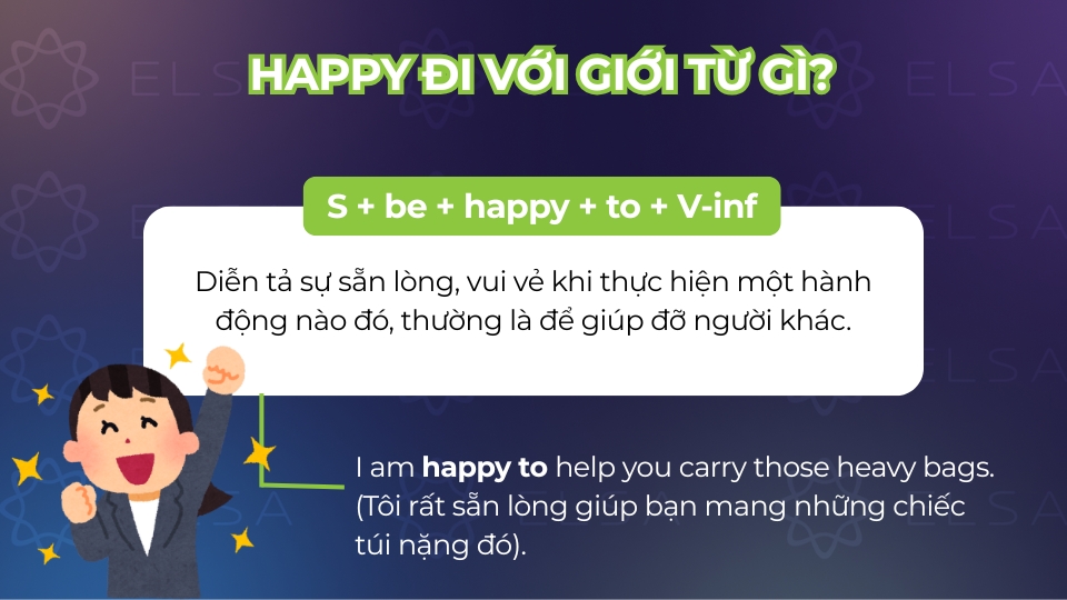 Cấu trúc happy đi với giới từ to