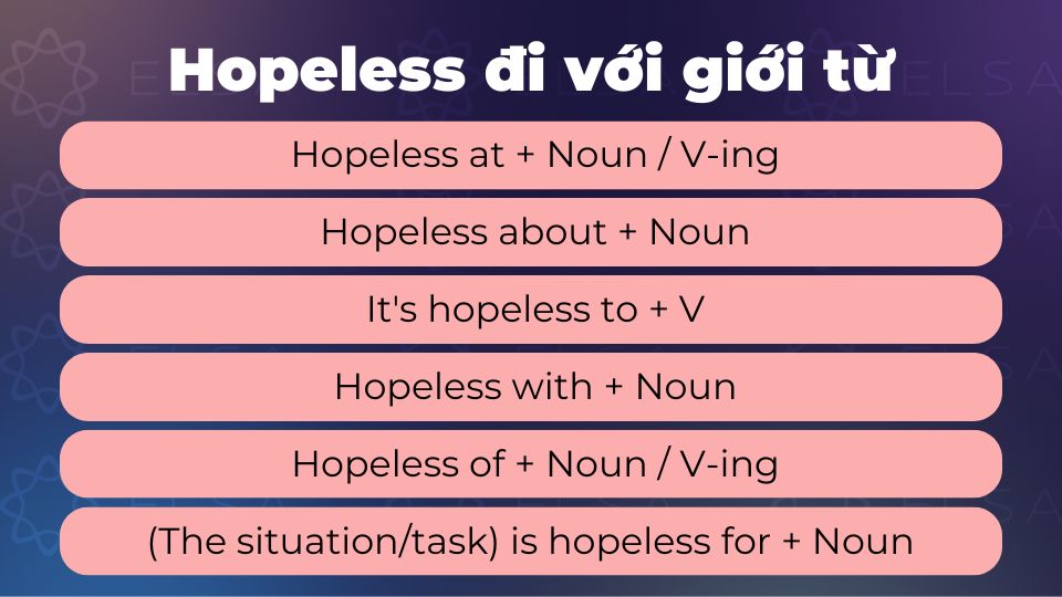 Hopeless đi với các giới từ at, about, to, with, of hoặc for
