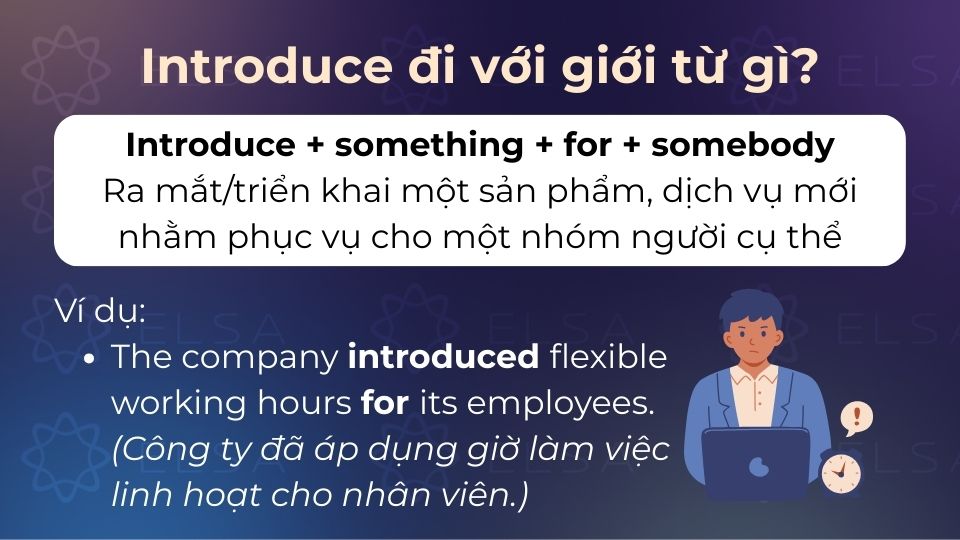 Cấu trúc này có nghĩa là ra mắt hoặc triển khai một sản phẩm/dịch vụ/chính sách mới Introduce for có nghĩa là ra mắt hoặc triển khai một sản phẩm/dịch vụ/chính sách mới