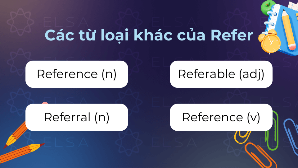 Refer sở hữu nhiều biến thể ở các loại từ khác nhau Refer có thể sử dụng dưới dạng nhiều loại từ khác nhau
