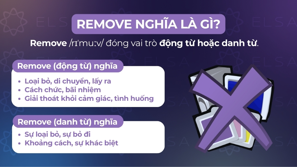 Remove được hiểu là loại bỏ, gỡ bỏ hoặc di chuyển một vật, Remove được hiểu là loại bỏ, gỡ bỏ hoặc di chuyển một vật