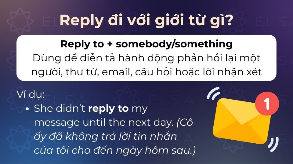 Reply to dùng để diễn tả hành động phản hồi lại một đối tượng nào đó Reply to dùng để diễn tả hành động phản hồi lại một đối tượng nào đó