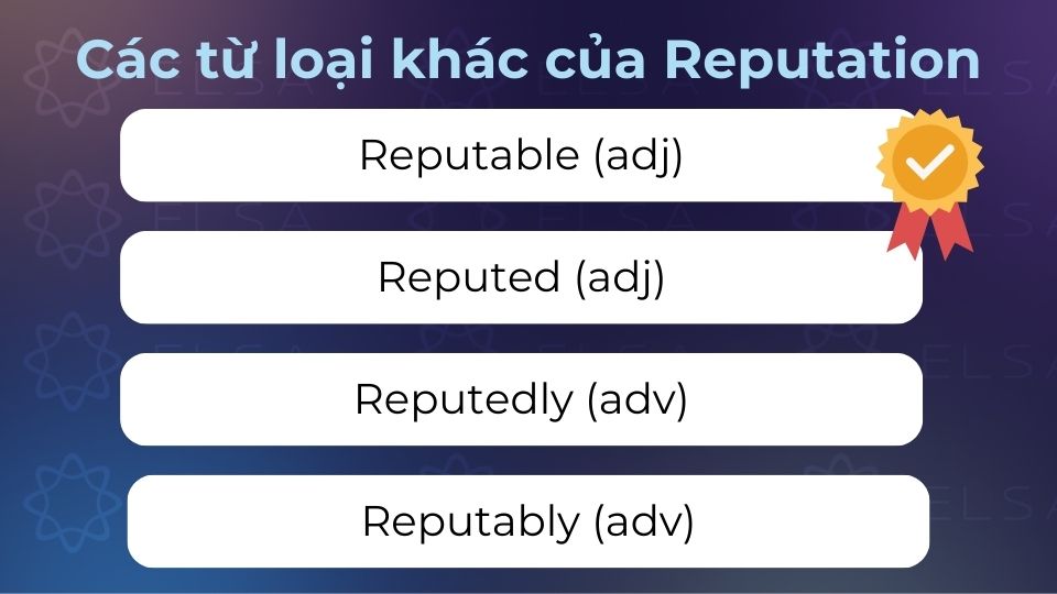 Từ reputation có nhiều biến thể thuộc các từ loại khác nhau trong tiếng Anh Từ reputation có nhiều biến thể thuộc các từ loại khác nhau trong tiếng Anh
