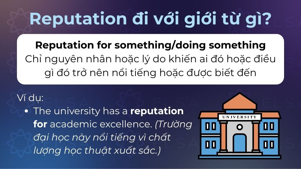 Reputation for để chỉ nguyên nhân hoặc lý do khiến ai đó hoặc điều gì đó trở nên nổi tiếng Reputation for để chỉ nguyên nhân hoặc lý do khiến ai đó hoặc điều gì đó trở nên nổi tiếng