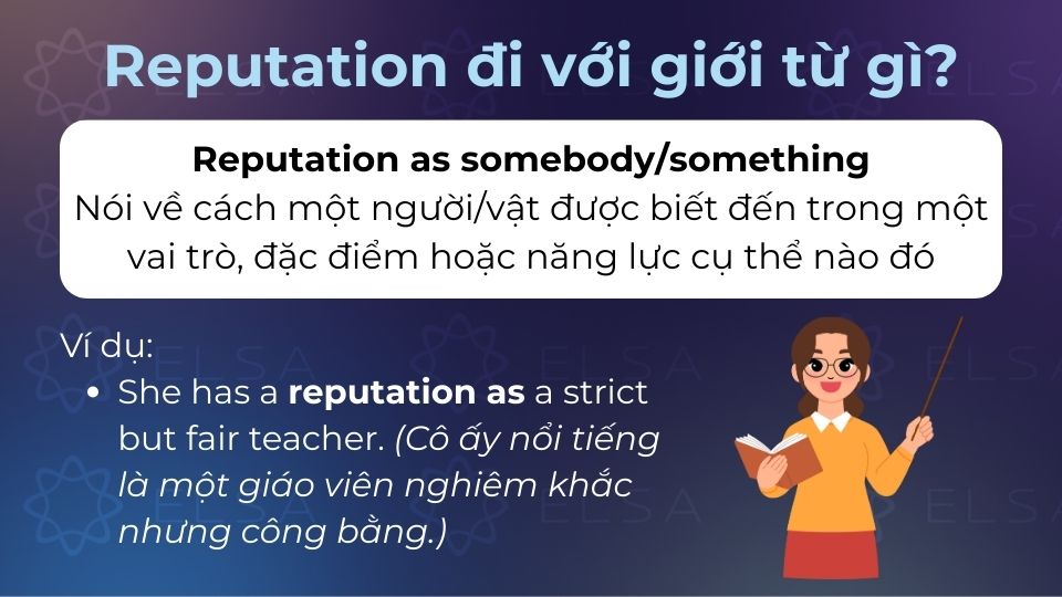 Reputation đi với as để nói về cách một người hoặc vật được biết đến trong một vai trò, đặc điểm Reputation đi với as để nói về cách một người hoặc vật được biết đến trong một vai trò, đặc điểm