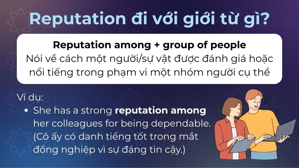 Reputation among nói về cách một người/sự vật được nổi tiếng trong phạm vi một nhóm người Reputation among nói về cách một người/sự vật được nổi tiếng trong phạm vi một nhóm người