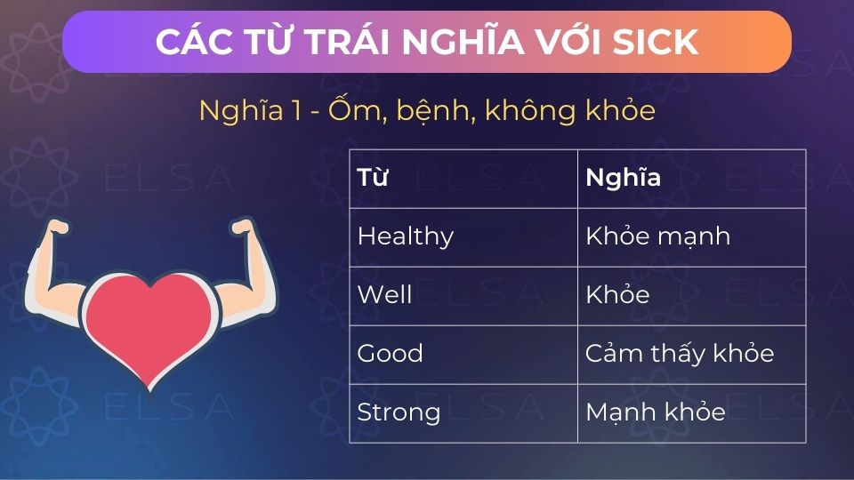 Một số từ trái nghĩa với sick nghĩa không khỏe