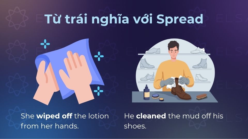 Các từ trái nghĩa khi spread ở dạng động từ mang ý nghĩa phủ cái gì đó lên ai hoặc lên vật gì đó Các từ trái nghĩa khi spread ở dạng động từ mang ý nghĩa phủ cái gì đó lên ai hoặc lên vật gì đó