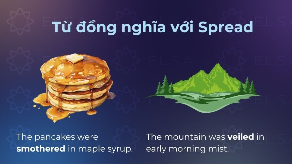 Các từ đồng nghĩa khi spread ở dạng động từ mang ý nghĩa phủ cái gì đó lên ai hoặc lên vật gì đó Các từ đồng nghĩa khi spread ở dạng động từ mang ý nghĩa phủ cái gì đó lên ai hoặc lên vật gì đó