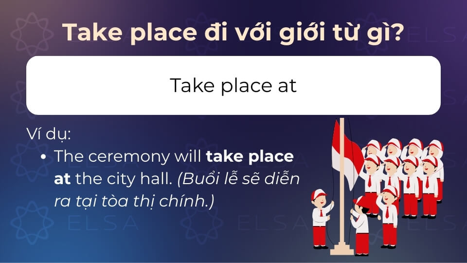 Take place at dùng khi nói đến thời gian chính xác hoặc địa điểm cụ thể Take place at dùng khi nói đến thời gian chính xác hoặc địa điểm cụ thể