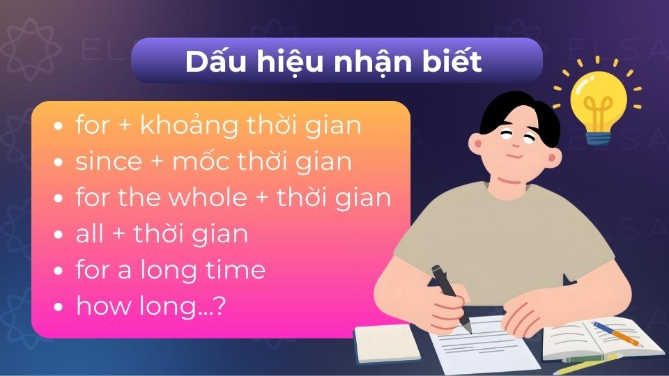 Dấu hiệu nhận biết thì hiện tại hoàn thành tiếp diễn Dấu hiệu nhận biết có all day, recently, lately, since + mốc thời gian hoặc for + khoảng thời gian