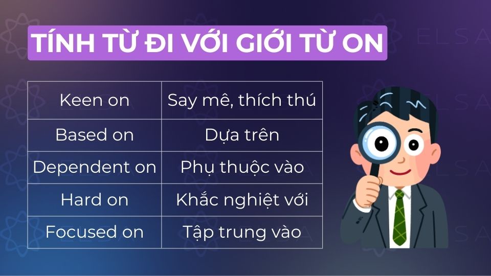 Các cụm tính từ đi với giới từ on thông dụng