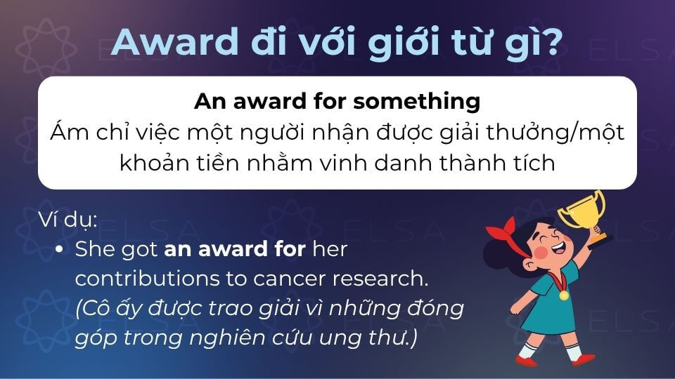 An award for something ám chỉ việc một người nhận được giải thưởng nhằm vinh danh thành tích An award for something ám chỉ việc một người nhận được giải thưởng nhằm vinh danh thành tích