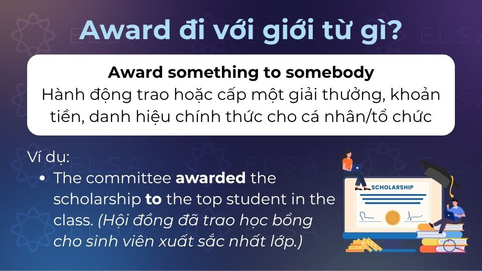 Award something to somebody diễn tả hành động trao hoặc cấp một giải thưởng Award something to somebody diễn tả hành động trao hoặc cấp một giải thưởng