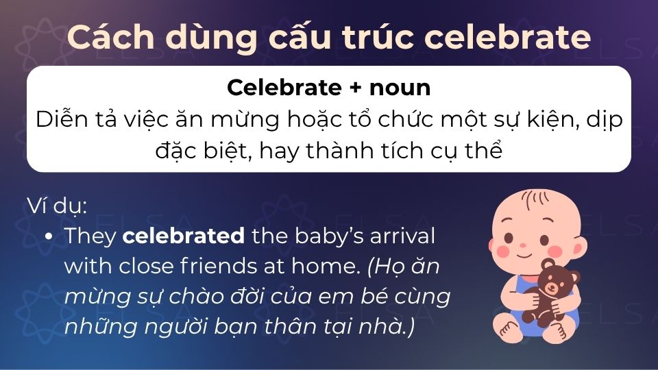 Celebrate + Noun là cấu trúc diễn tả hoạt động tổ chức/ăn mừng Celebrate + Noun là cấu trúc diễn tả hoạt động tổ chức/ăn mừng