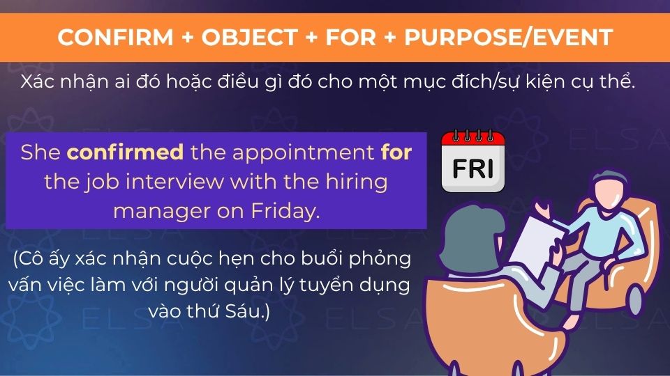 Câu ví dụ cấu trúc Confirm + object + for + purpose/event