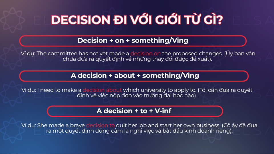 Decision có thể đi với nhiều giới từ khác nhau như on, about, to Decision có thể đi với nhiều giới từ khác nhau như on, about, to