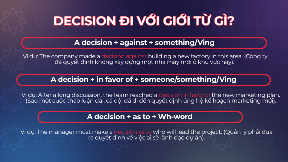 Decision cũng có thể đi với nhiều giới từ khác Decision cũng có thể đi với nhiều giới từ khác