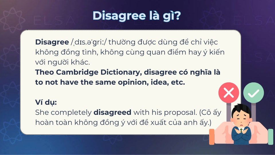 Disagree được dùng để diễn tả việc không đồng tình/quan điểm/ý kiến Disagree được dùng để diễn tả việc không đồng tình/quan điểm/ý kiến