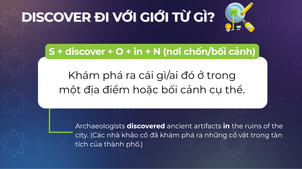 Giới từ in khi đi với discover giúp xác định không gian, vị trí hoặc hoàn cảnh Giới từ in khi đi với discover giúp xác định không gian, vị trí hoặc hoàn cảnh