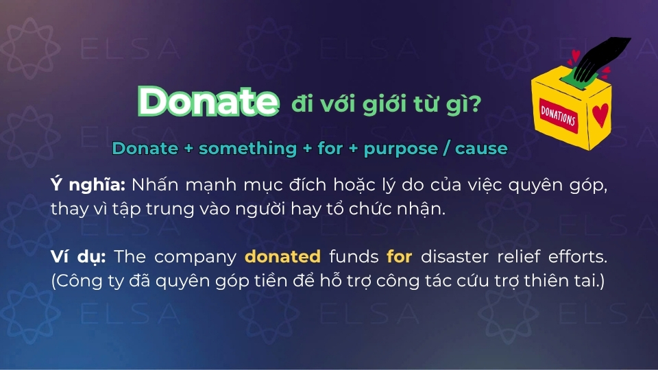 Donate for dùng để nhấn mạnh mục đích/lý do của việc quyên góp Donate for dùng để nhấn mạnh mục đích/lý do của việc quyên góp