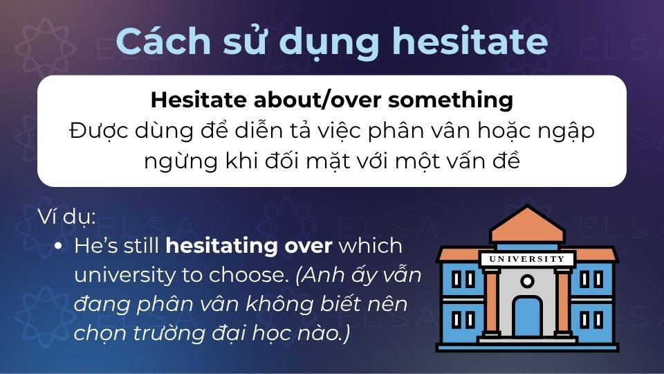 Hesitate about/over được sử dụng khi người nói muốn diễn tả sự phân vân Hesitate about/over được sử dụng khi người nói muốn diễn tả sự phân vân