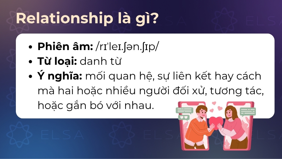 Relationship (US/UK: /rɪˈleɪ.ʃən.ʃɪp/) là danh từ phổ biến trong tiếng Anh Relationship có nghĩa là mối liên hệ, sự liên kết