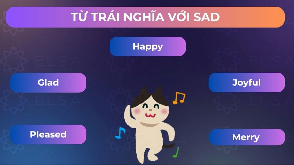 Một số từ trái nghĩa với sad