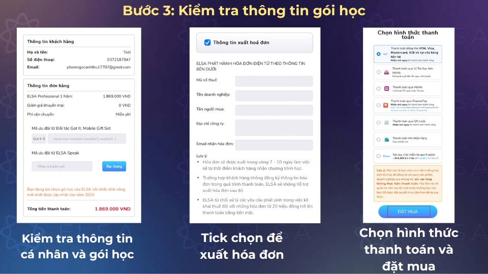 Kiểm tra thật kỹ thông tin cá nhân, gói học trước khi bắt đầu thanh toán
