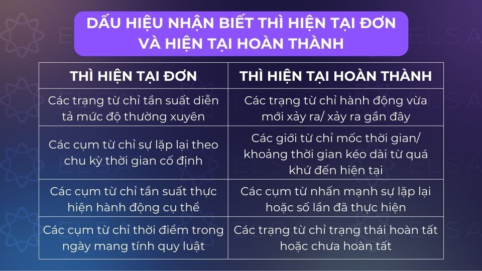 Những dấu hiệu nhận biết thì hiện tại đơn và hiện tại hoàn thành