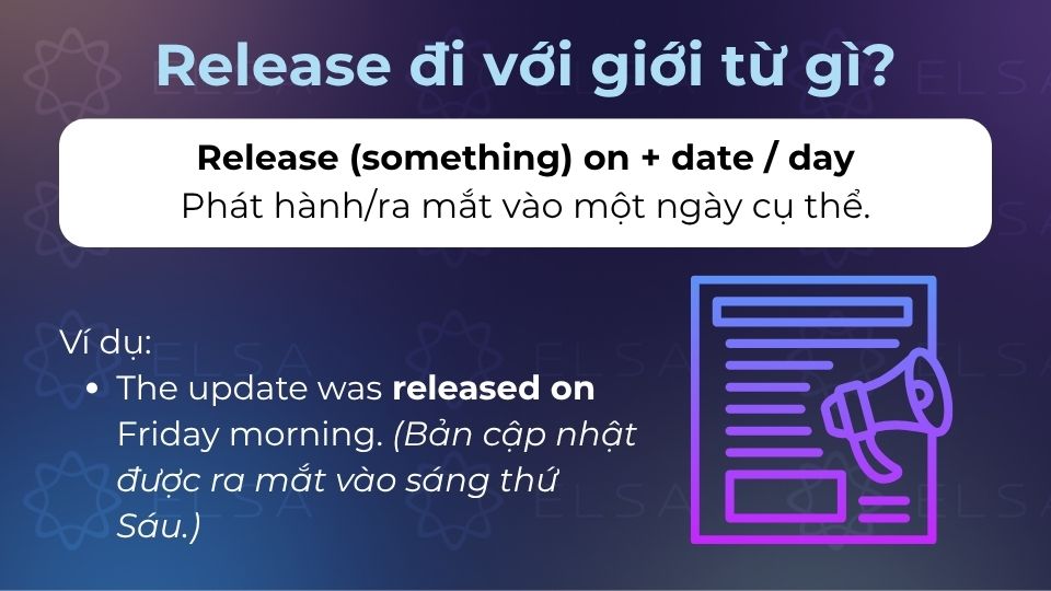 Release đi với giới từ on có nghĩa là ra mắt hoặc phát hành vào một ngày cụ thể nào đó