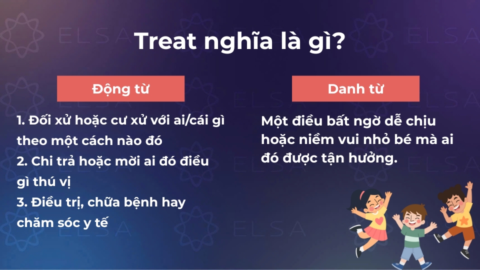 Treat có thể mang sắc thái ý nghĩa riêng tùy vào vai trò là động từ hay danh từ Treat có thể mang sắc thái ý nghĩa riêng tùy vào vai trò là động từ hay danh từ
